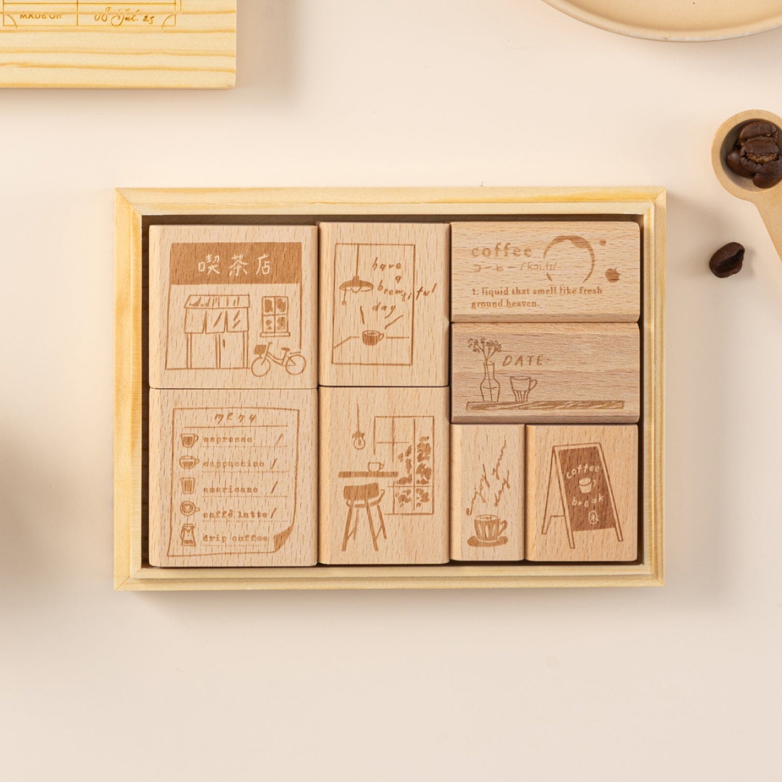 Hinoki - ‘Into the Cafe' Engraved Wooden Stamps Set