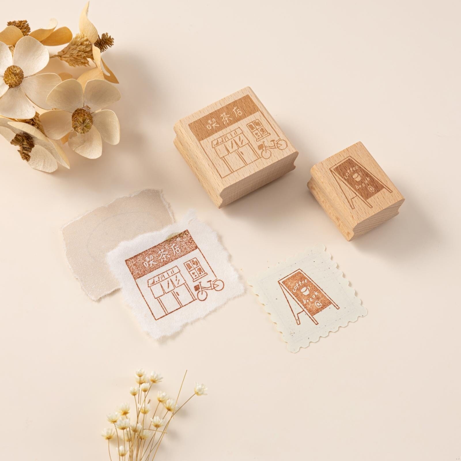 Hinoki - ‘Into the Cafe' Engraved Wooden Stamps Set