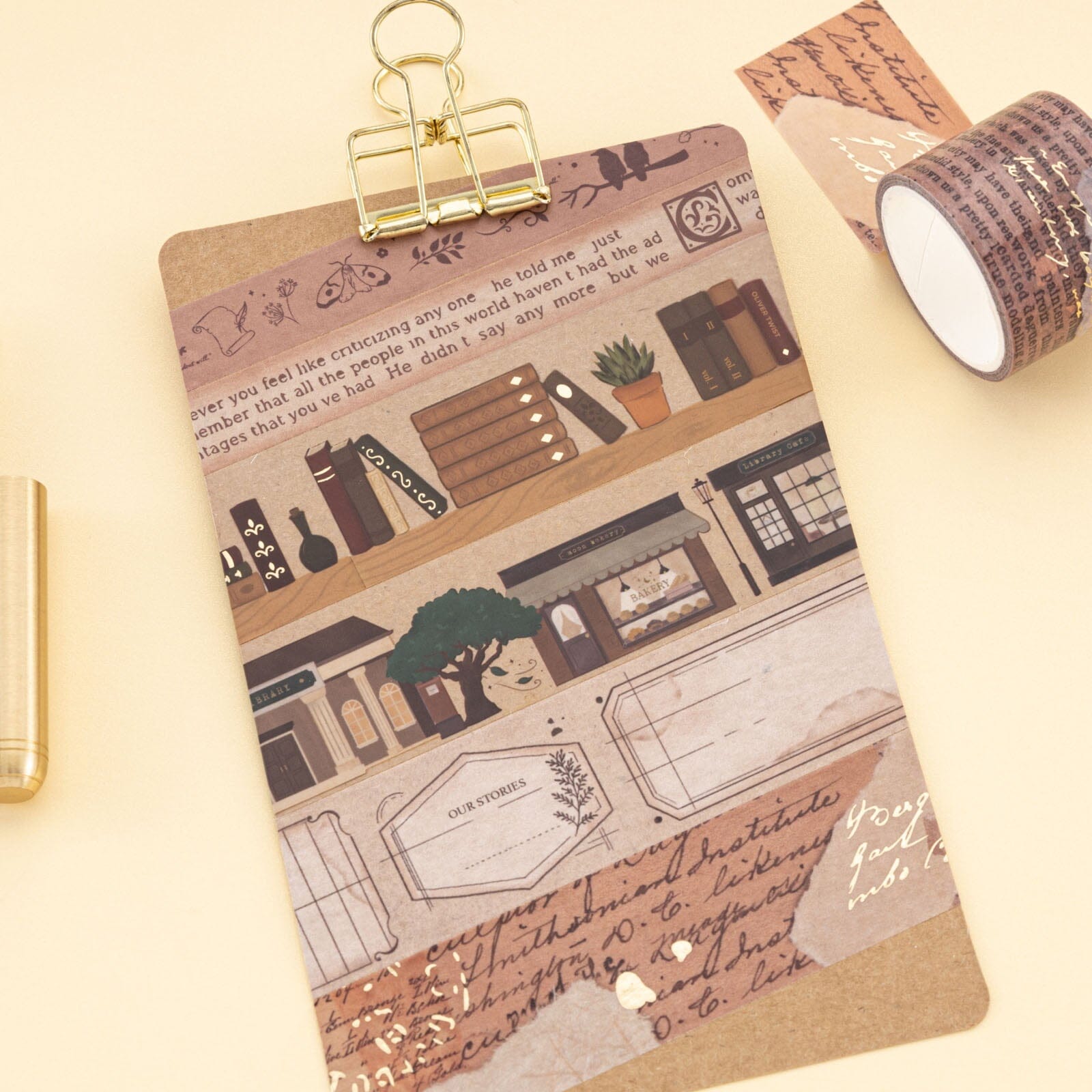 Bookish washi tapes swatched on kraft paper card with gold clip
