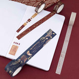 Torii washi tape rolls on white bullet journal pages on red background
