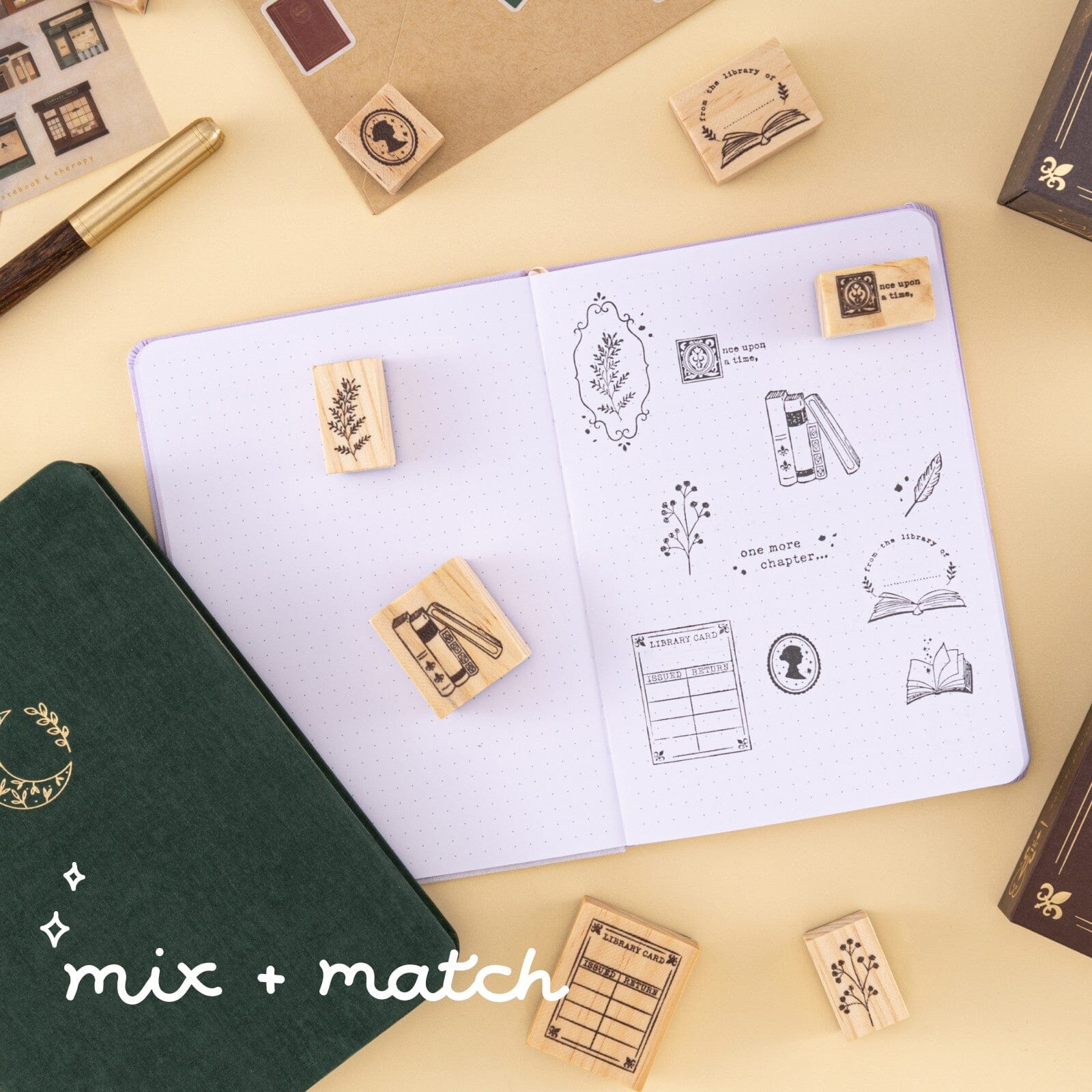 Our Stories reading journal stamps swatched on page with text ‘mix + match’