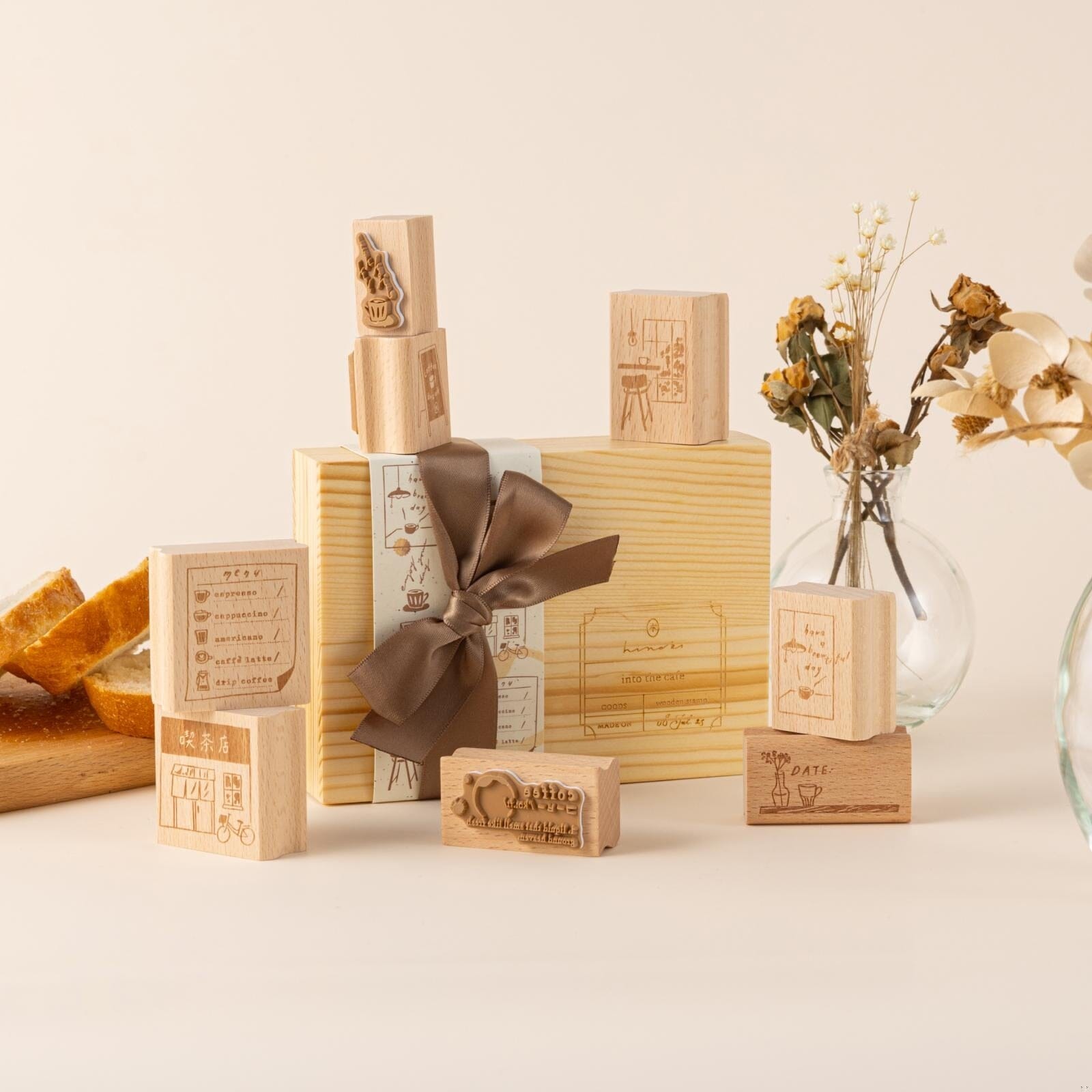 Hinoki - ‘Into the Cafe' Engraved Wooden Stamps Set