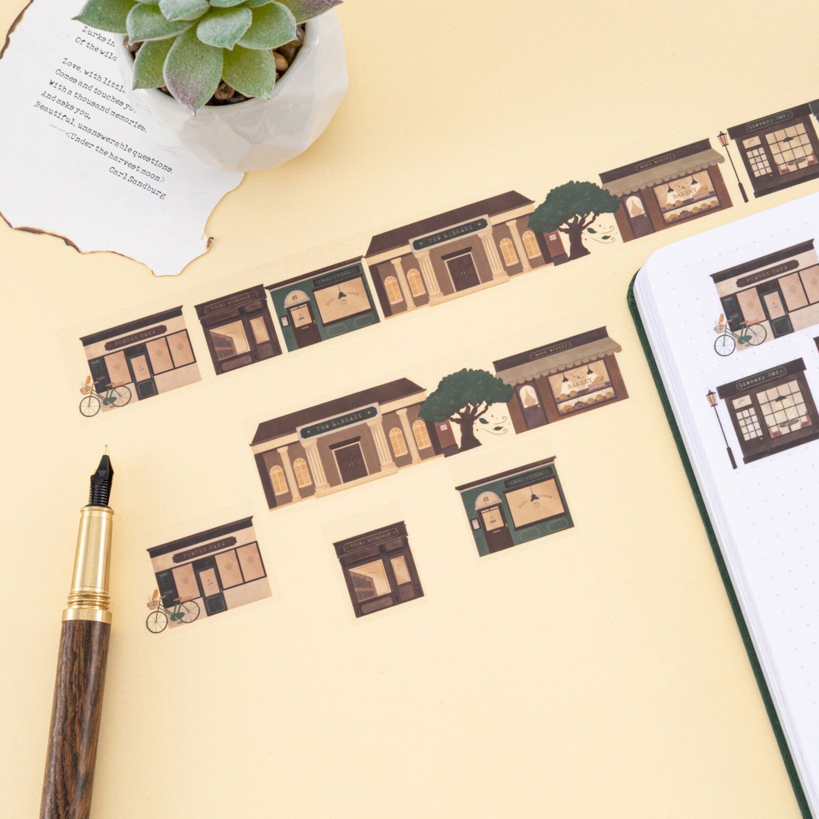 Shop front illustrations on washi roll 