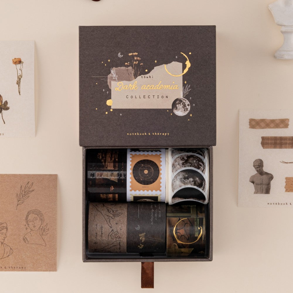 Tsuki Dark Academia washi tape set by notebook therapy opened drawer style box with 6 washi tapes