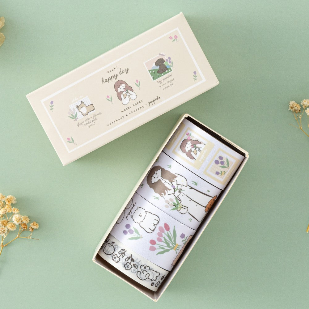 Tsuki Happy Day washi type set by Notebook Therapy x Peppoko opened box with 4 washi tape rolls