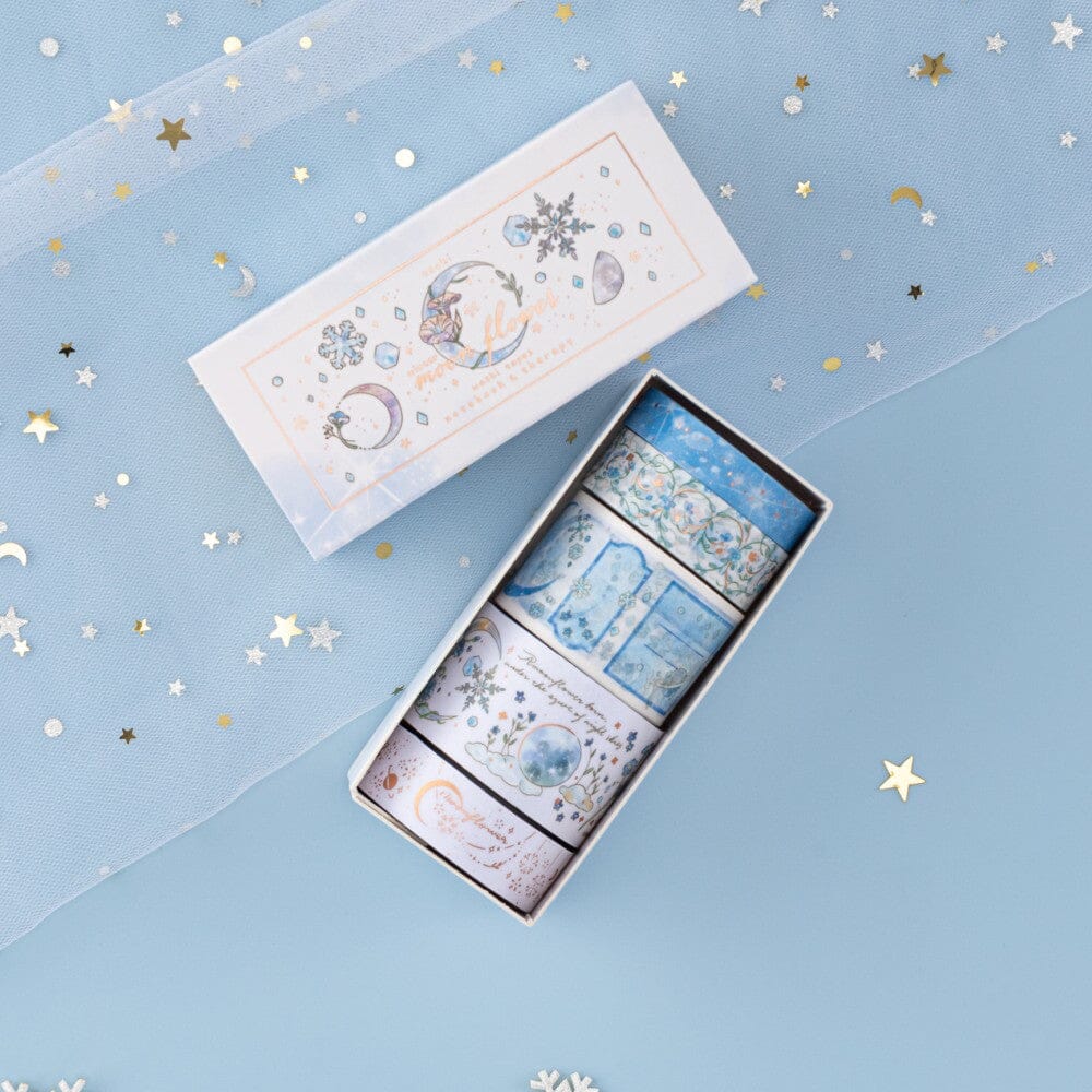 Tsuki winter Moonflower washi tape set with a drawer box with winter design and 5 washi tape rolls