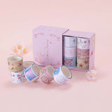 Tsuki ‘Sakura Journey’ Vintage Journal Washi Tape Set with cherry blossoms in pink background