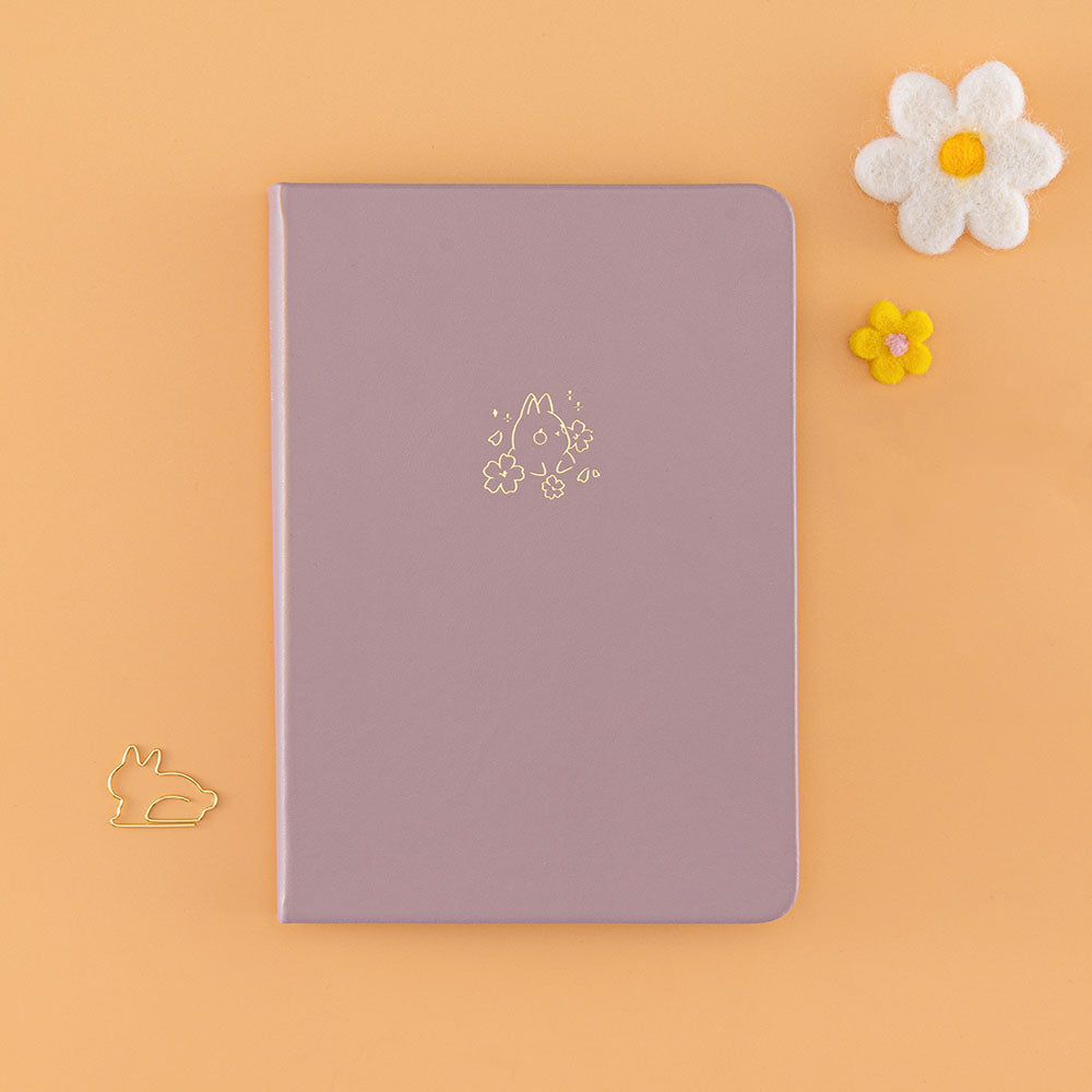 Tsuki Blush Pink ‘Bunny Blush’ Limited Edition Bullet Journal designed with Blossom Bujo with with free paper clip and felt flowers on apricot background