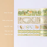 Swatch of Tsuki Mori Washi Tape set including 30mm foil tape, 30mm writing washii, 18mm PET tape, 15mm lace tape, 7.5mm foil tape