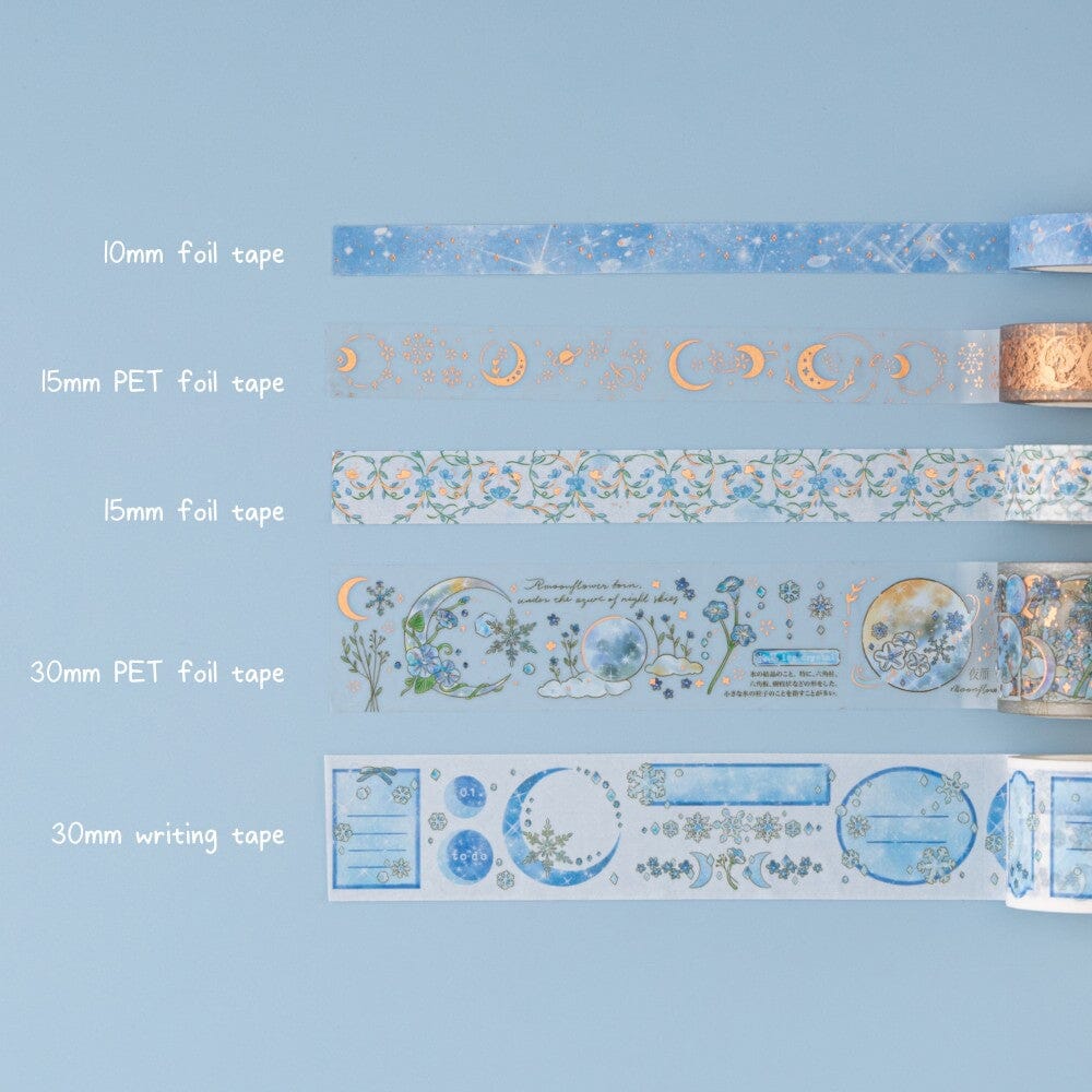 Swatch of winter moonflower washis on blue background - 10mm foil tape, 15mm PET foil tape, 15mm foil tape, 30mm PET foil tape, 30mm writing tape
