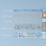 Swatch of winter moonflower washis on blue background - 10mm foil tape, 15mm PET foil tape, 15mm foil tape, 30mm PET foil tape, 30mm writing tape