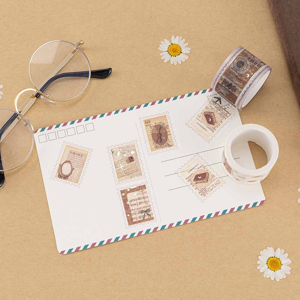 Tsuki Light Academia PET stamp tape cut up and stuck on post card