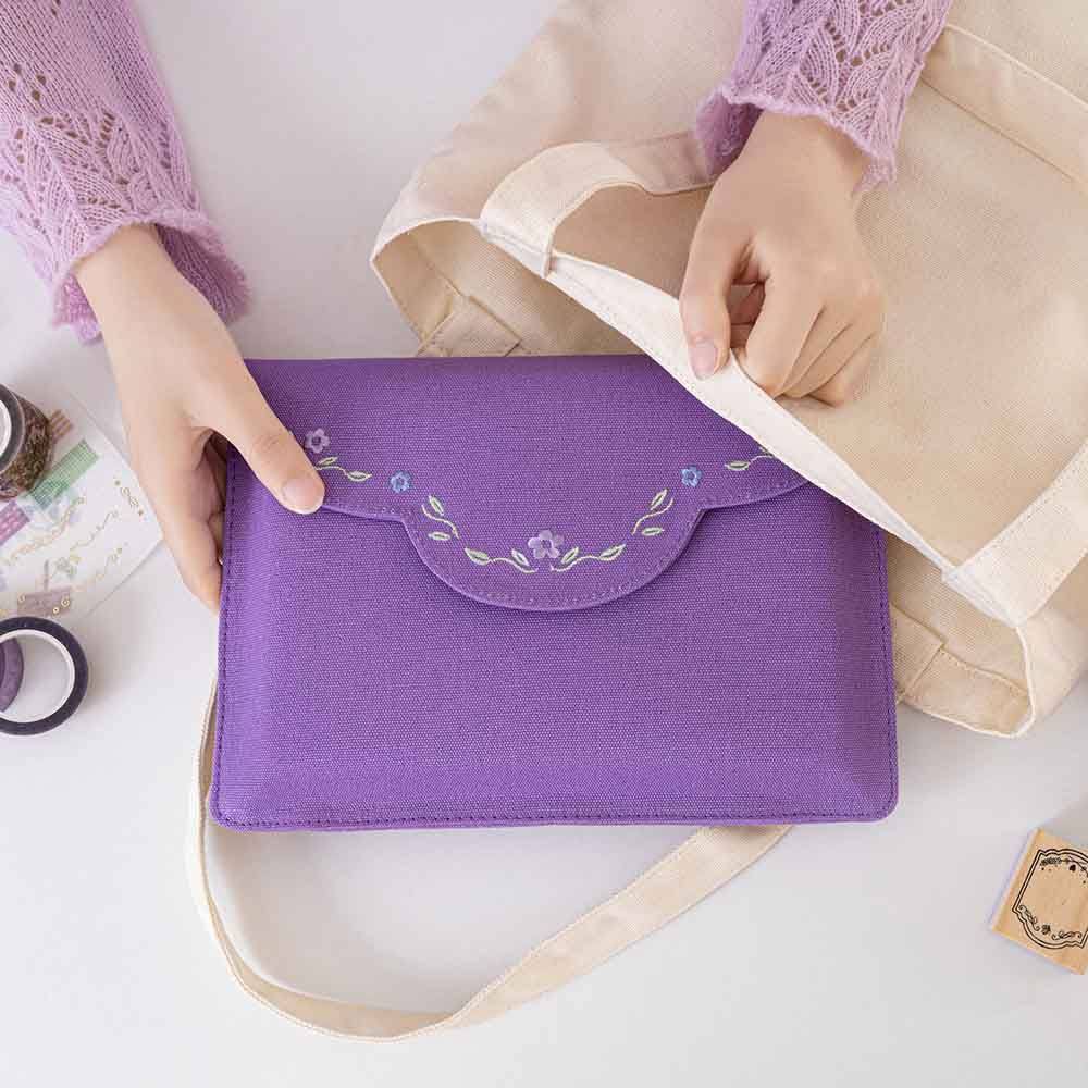 Hand putting the notebook pouch in a canvas tote bag