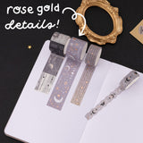 Tsuki ‘Moonlit Alchemy’ Washi tapes on white bullet journal page and text that says “gold foil details”