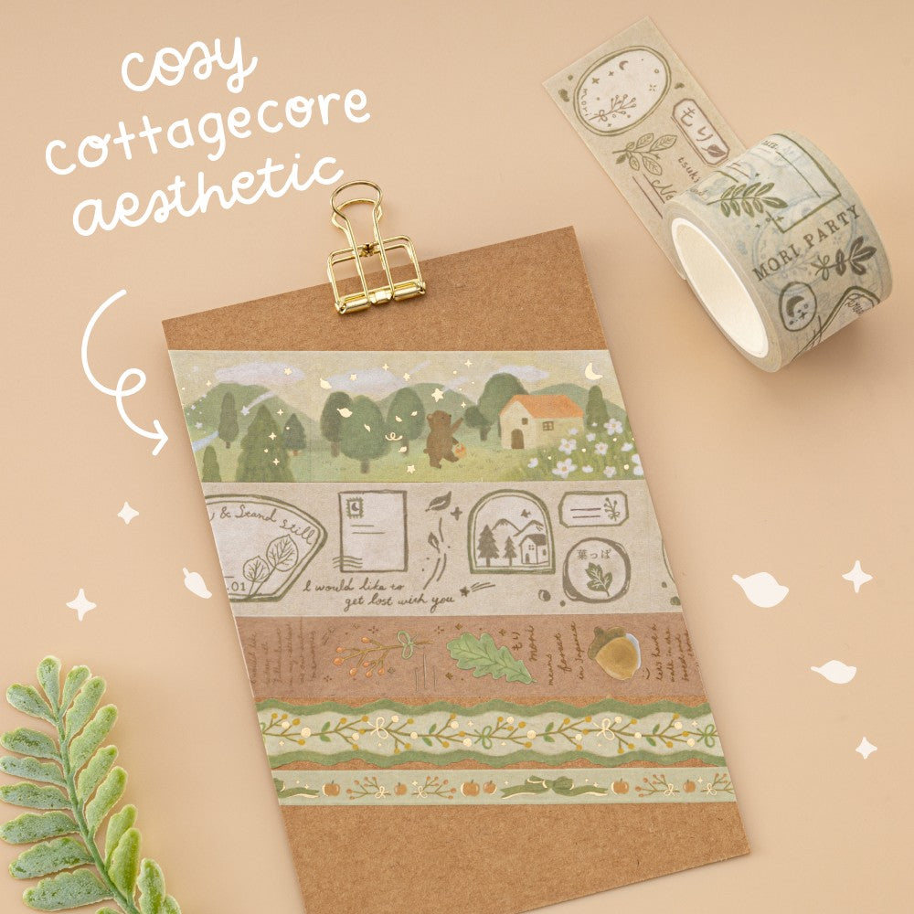 Tsuki Mori Washi Tape set on kraft card with gold clip and white writing that says “cotagecore aesthetic”