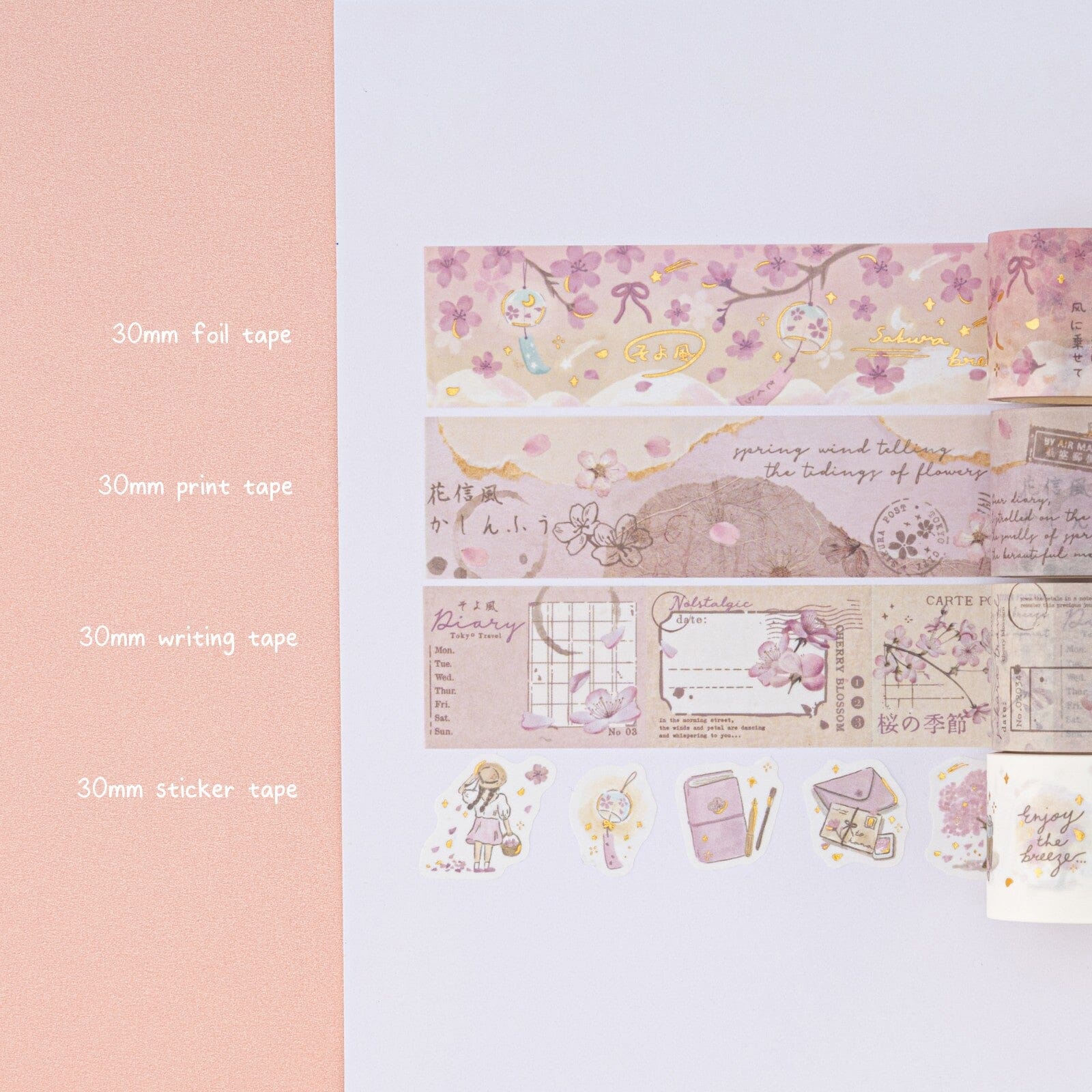 3x 30mm wide sakura themed washi tape rolls and 1x sticker roll on white paper