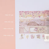 3x 30mm wide sakura themed washi tape rolls and 1x sticker roll on white paper