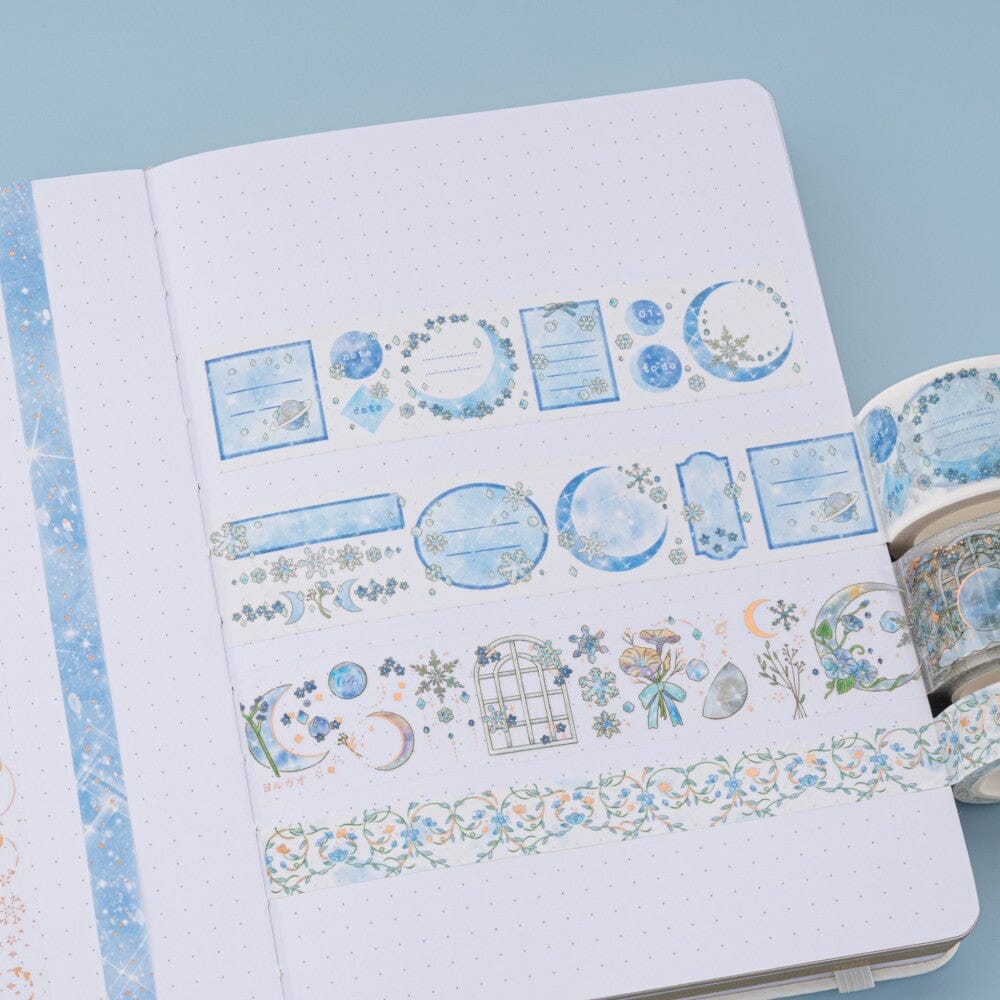 Tsuki Winter Moonflower washi tape set swatch on white dotted bullet journal