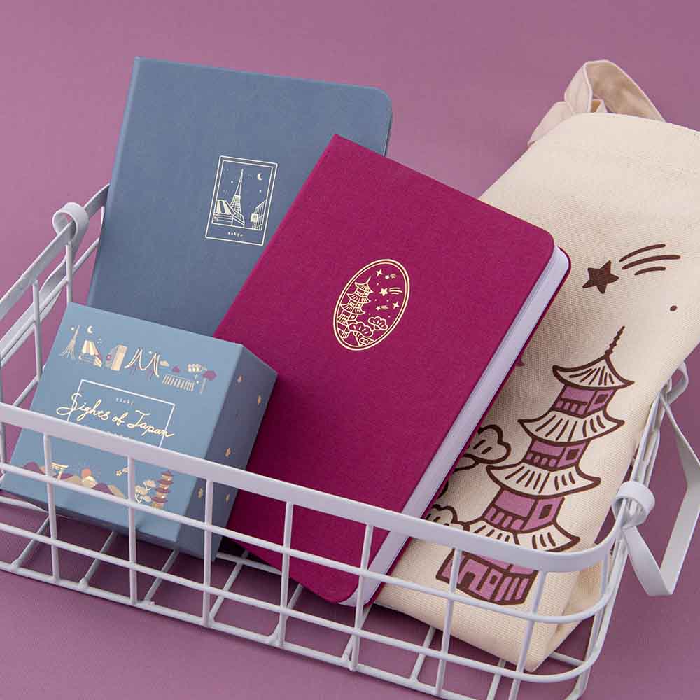 Sights of Japan by Notebook Therapy collection in a wire basket