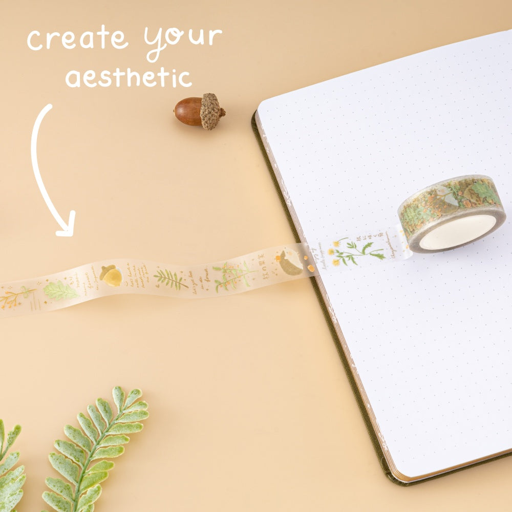 Tsuki Mori PET washi tape with test that says “create your aesthetic”