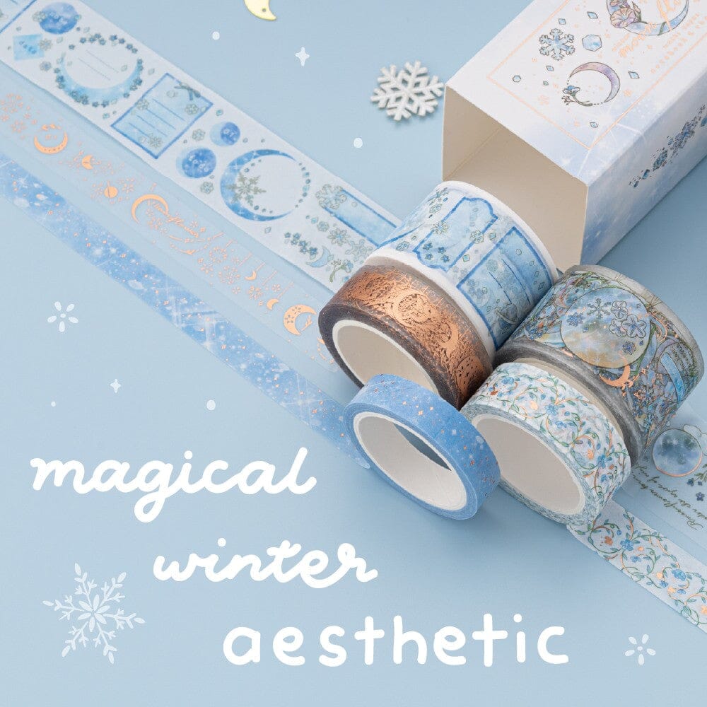 Winter moonflower washis unrolled on blue background with text “magical winter aesthetic”