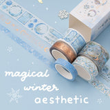 Winter moonflower washis unrolled on blue background with text “magical winter aesthetic”