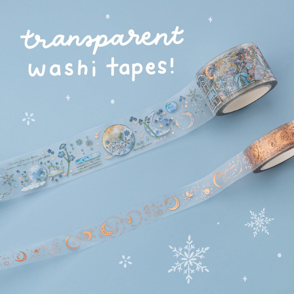 2x PET washi tape from Winter moonflower washi tape set with text “transparent washi tapes!”
