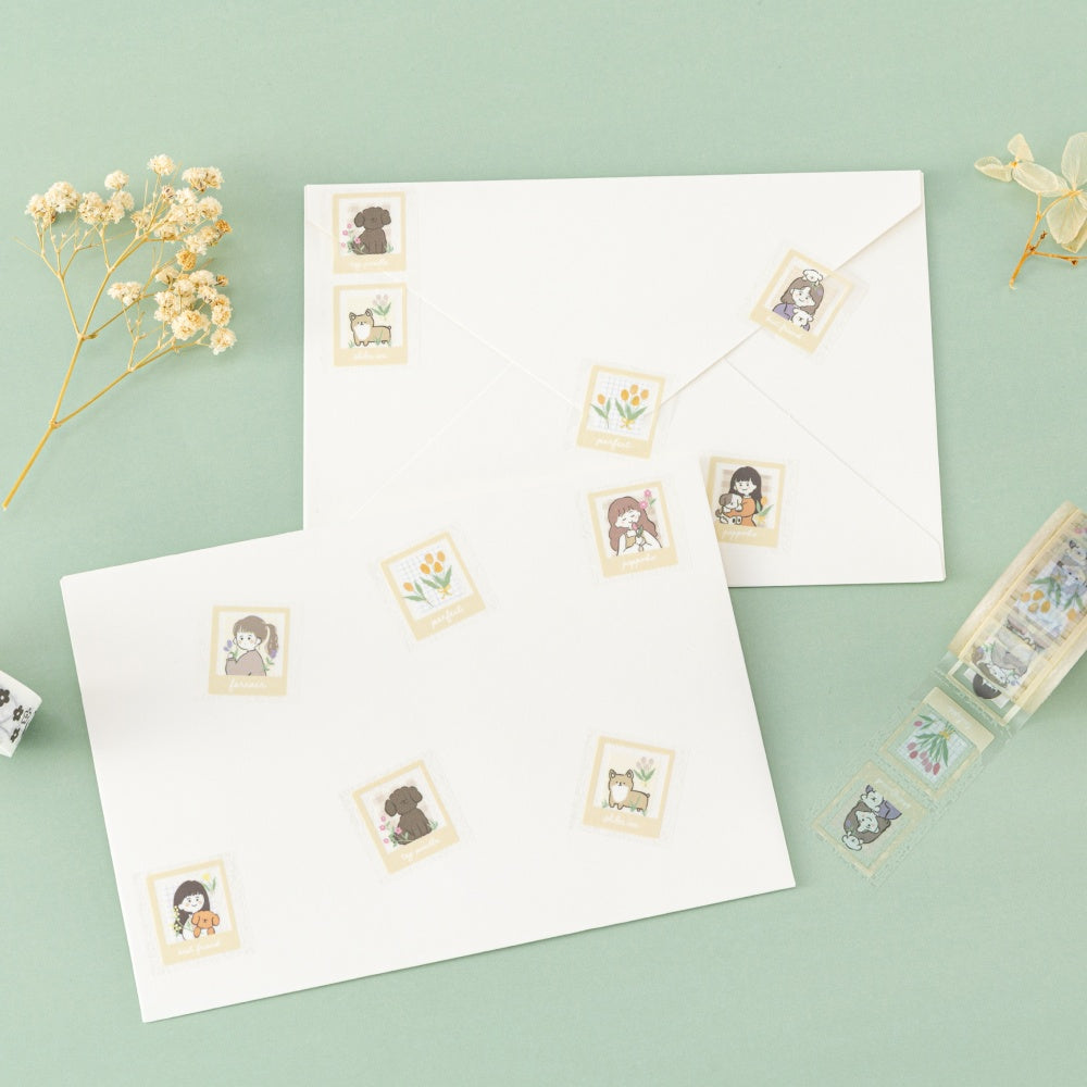 Happy Day washi tape flatlay with box on green background