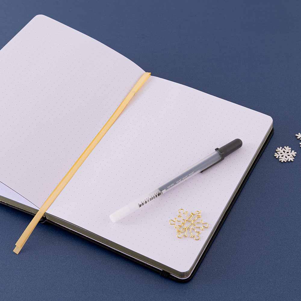 Open Tsuki ‘Winter Journey’ Limited Edition Bullet Journal with free bookmark gift with pen and snowflakes on navy background