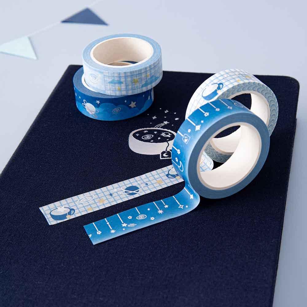 Tsuki ‘Cup of Galaxy’ Washi Tapes on Tsuki ‘Cup of Galaxy’ Limited Edition Holographic Bullet Journal cover with bunting on light blue background