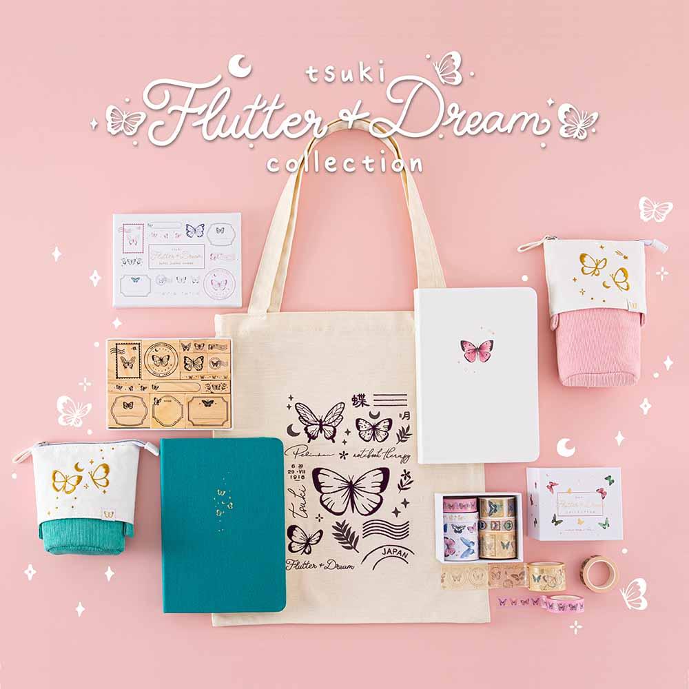 Full Tsuki ‘Flutter + Dream’ Collection by Notebook Therapy x Pelinkan on pastel pink background