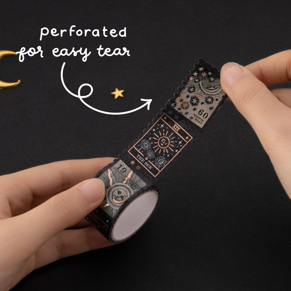 Tsuki ‘Moonlit Alchemy’ Washi tapes on white bullet journal page and text that says “gold foil details”
