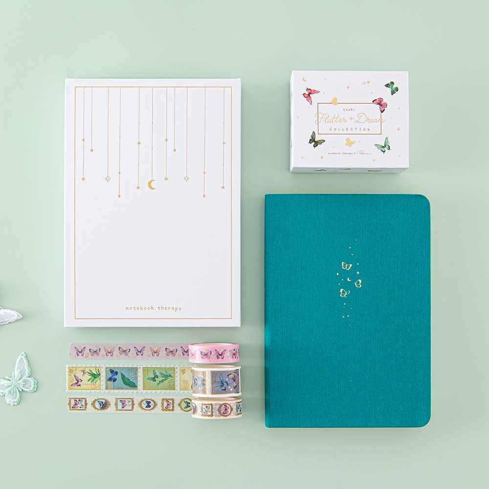 Tsuki ‘Flutter + Dream’ Washi Tape Set by Notebook Therapy x Pelinkan with Tsuki Teal Sky ‘Flutter + Dream’ Limited Edition Bullet Journal by Notebook Therapy x Pelinkan with butterflies on mint background
