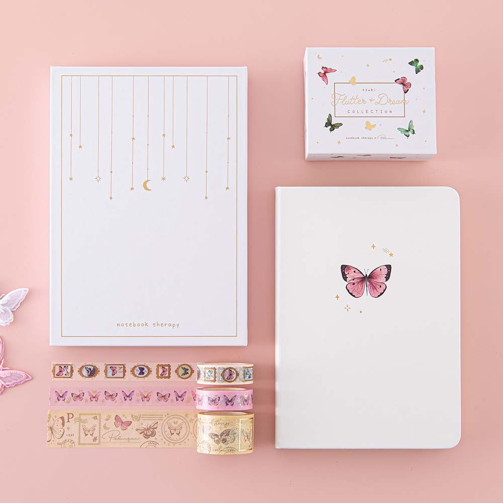 Tsuki Cloud White ‘Flutter + Dream’ Limited Edition Bullet Journal by Notebook Therapy x Pelinkan with luxury eco-friendly gift box with Tsuki ‘Flutter + Dream’ Washi Tape Set by Notebook Therapy x Pelinkan on pastel pink background