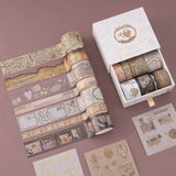 Flatlay of Tsuki Love Lock collection including notebook with key design, stamp set and washi tape set