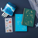 Tsuki Ocean Edition Ring Bound notebooks in deep teal with free sticker sheet and Ocean washi tape and starfish on dark blue background