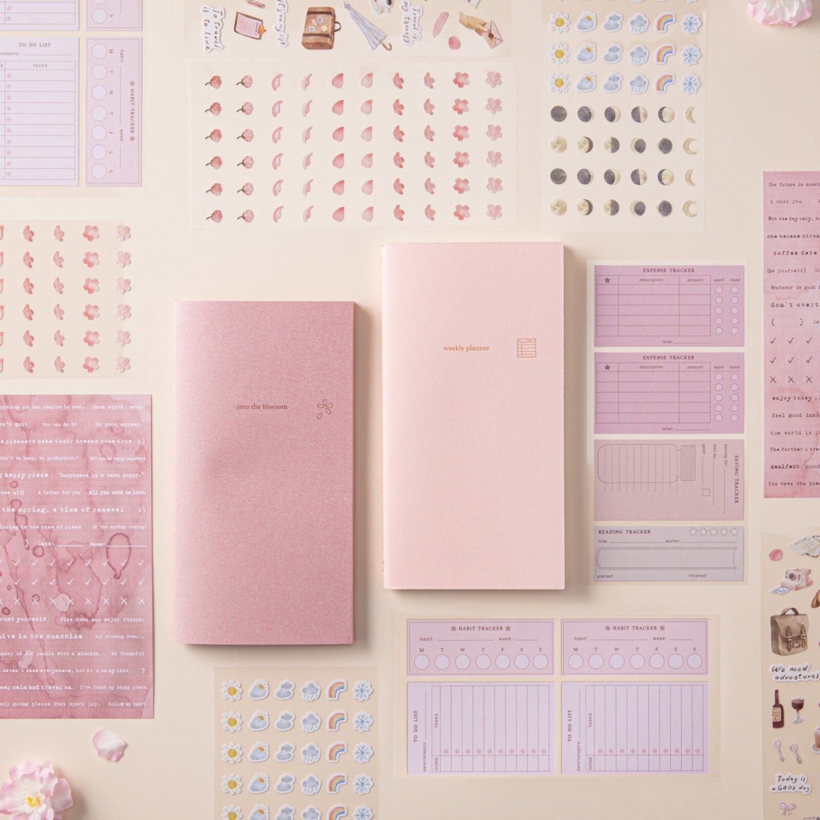 Hinoki into the blossom mixed insert + sticker set flatlay