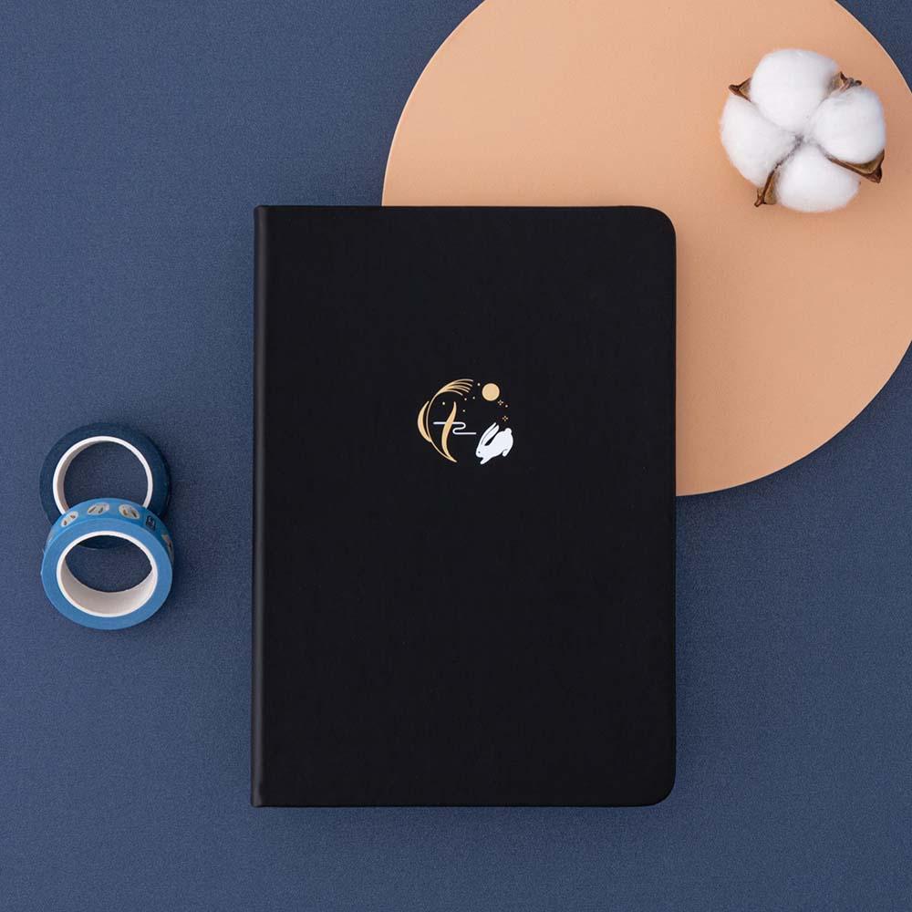 Tsuki ‘Moonlit Wish’ Limited Edition Bullet Journal with Tsuki ‘Moonlit Wish’ Washi Tapes and cotton flower on brown circle on dark blue background