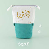 Tsuki ‘Flutter + Dream’ Pop-Up Pencil Case by Notebook Therapy x Pelinkan in teal in mint background