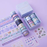 Tsuki Endless Summer Washi Tape Set with free sticker sheets and eco-friendly gift box packaging on lilac background
