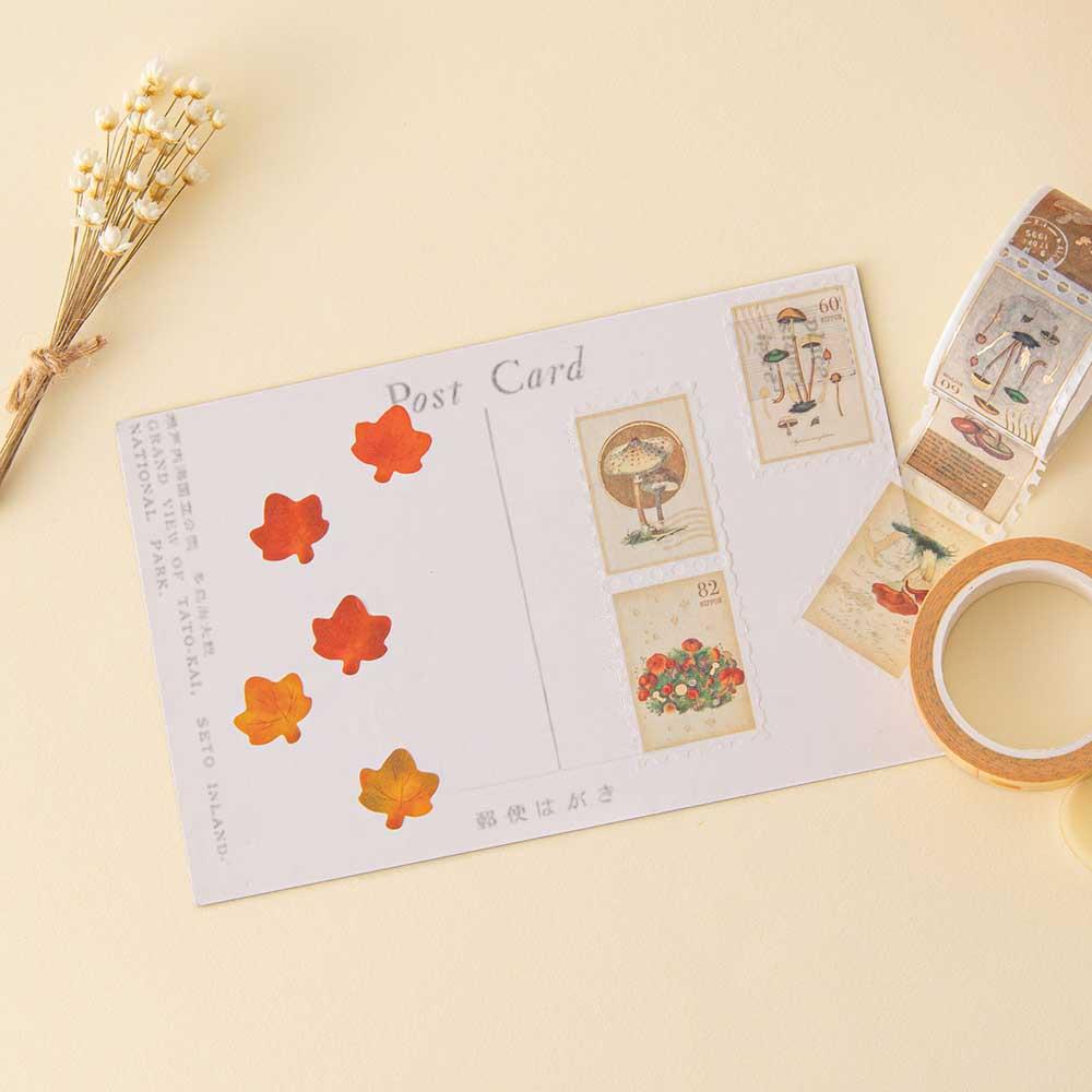 Tsuki ‘Maple Dreams’ Washi Tape Set on postcard with dried flowers on cream background