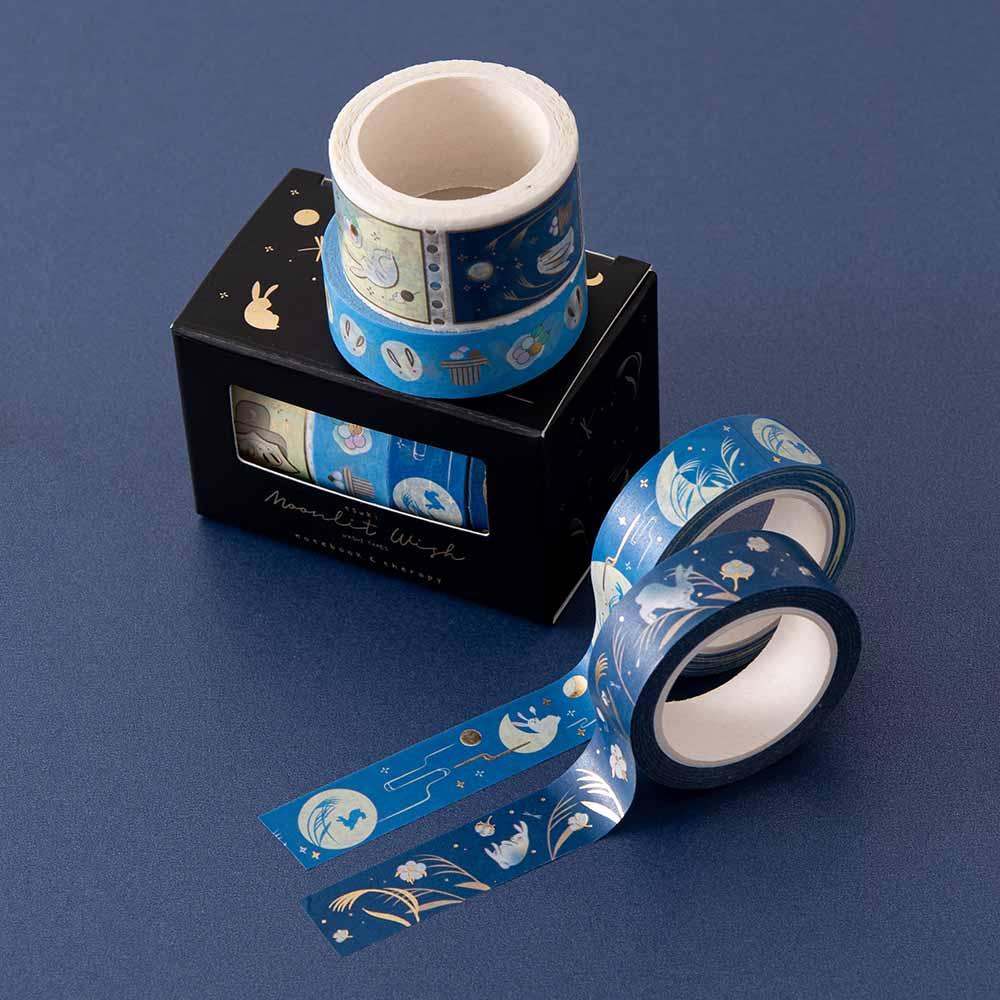 Tsuki ‘Moonlit Wish’ Washi Tape Set on dark blue background