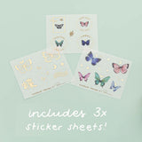 Three free sticker sheets from Tsuki ‘Flutter + Dream’ Washi Tape Set by Notebook Therapy x Pelinkan on mint background