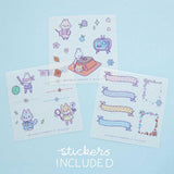Tsuki ‘Four Seasons’ Washi Tape Set by Notebook Therapy x Milkkoyo three free sticker sheets on light blue background