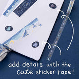 Some washi tapes and circle stickers on dot grid bullet journal with the words ‘add details with the cute sticker tape!’ written in white