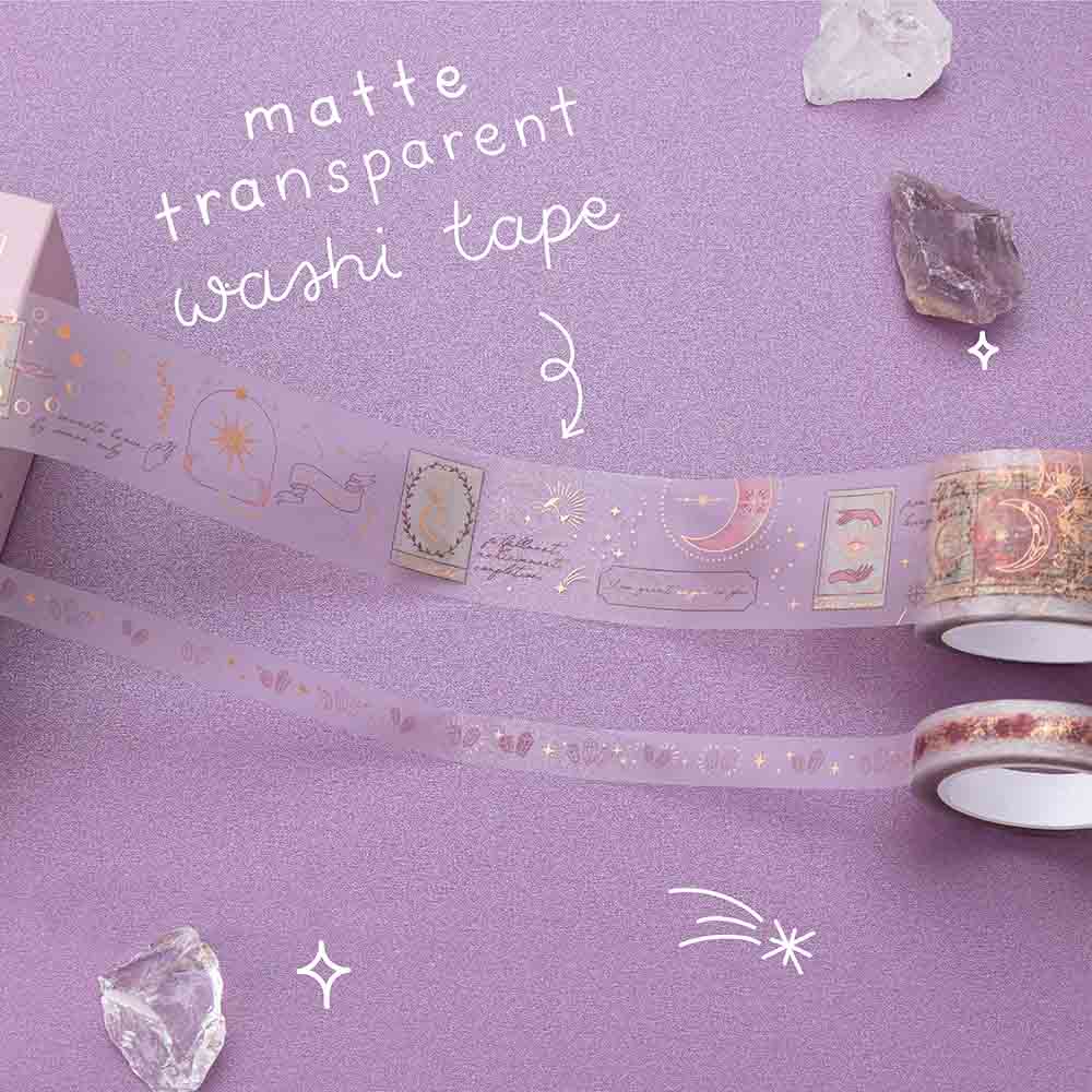 Close up of Tsuki ‘Moonlit Blush’ matte transparent washi tape with amethyst stones on purple background
