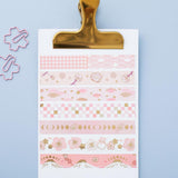 Tsuki 'Sakura Edition' Washi Tape Set on white clipboard with bookmark clips on light blue background