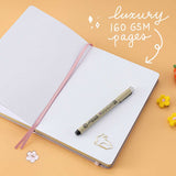 Open Tsuki Blush Pink ‘Bunny Blush’ Limited Edition Bullet Journal designed with Blossom Bujo with luxury 160GSM pages with free bunny bookmark with pen and felt flowers on apricot background