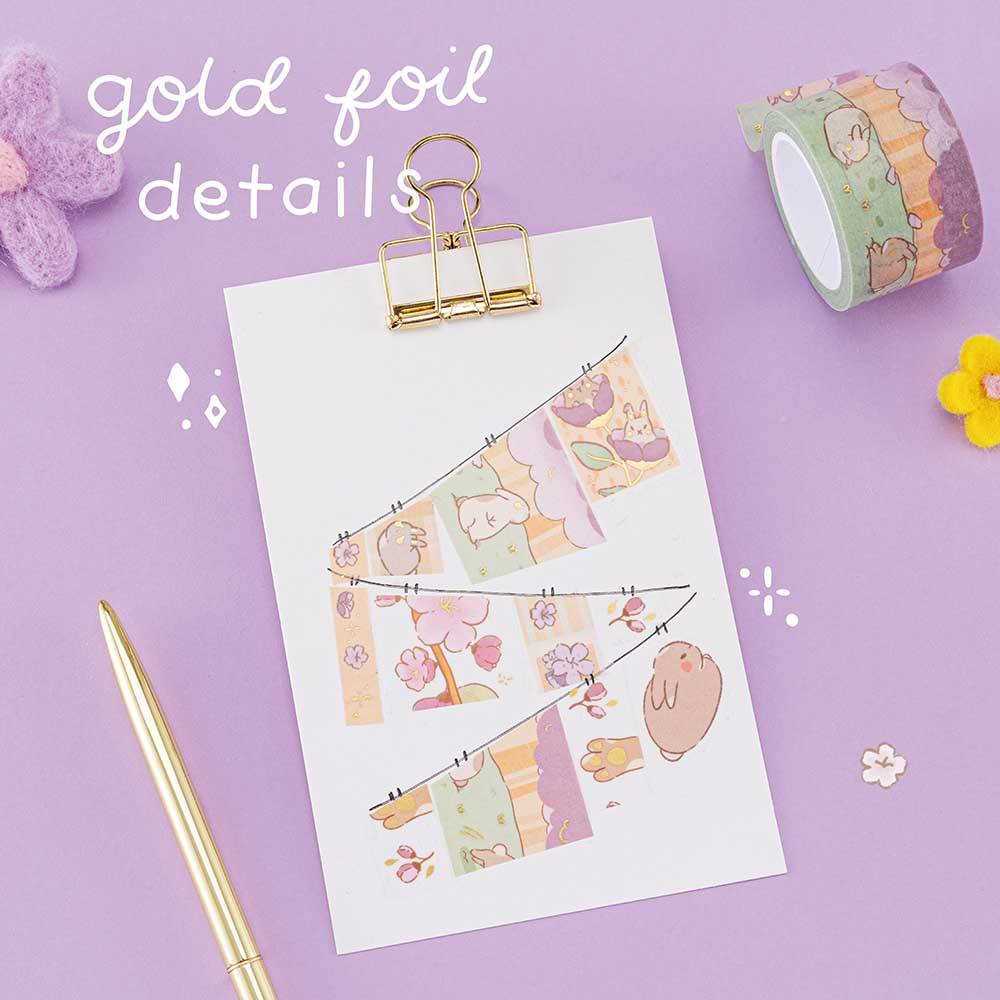Tsuki Bunny Blush Washi Tape Set designed with Blossom Bujo on white clipboard with gold pen and felt flowers on lilac background