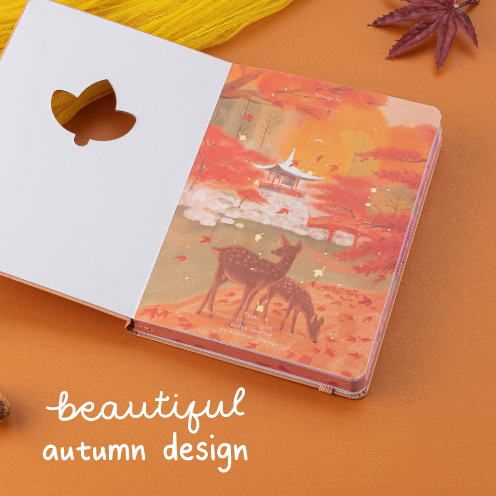 Illustrated cover page of Tsuki Four Seasons: Autumn Collector’s Edition 2022 Bullet Journal with a beautiful illustration of Nara Park and text that says ‘beautiful autumn design’